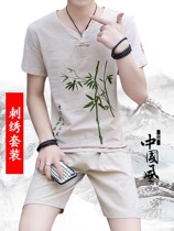 2021 Summer Cotton Shorts Mens Leisure Chinese Style Two Piece Fashion Short Sleeve T-Shirt One Set