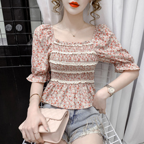 Short-sleeved chiffon shirt womens summer 2021 new square collar shoulder floral coat fashion foreign gown shirt