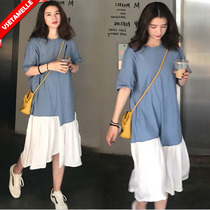 Pregnant mother fashion net red pregnant woman skirt summer wear age reduction cover belly thin Chiffon stitching dress