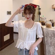 White short sleeve Girl design sense niche strap shirt Korean version of gentle doll shirt summer thin French sweet