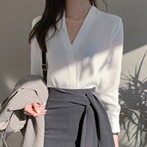 Real Silk White Shirt Woman Spring Autumn Long Sleeve V Collar Casual Shirt Foreign Air Professional Blouse 2021 New Design Sense