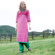 Indian Womens Dress Blouse Side Open Fork Pure Cotton Medium Long 2 Color Optional 7 Sleeves Retro Bohemian Tourist Holiday