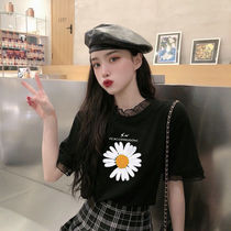 Cotton short sleeve T-shirt female summer 2021 New Korean students loose splicing mesh fake Two ins tide coat