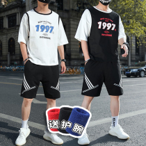 Junior cotton jersey basketball men's tide street students casual fake two-piece wear short sleeve t-shirt sports suit