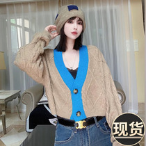 ader autumn new color contrast V-neck short section small fragrance knitted cardigan top womens soft waxy loose long-sleeved sweater