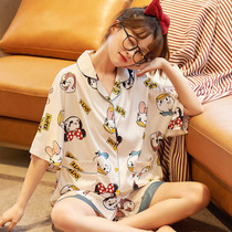 Pajamas female summer ice silk short sleeve thin 2021 New Silk cute casual can wear home suit