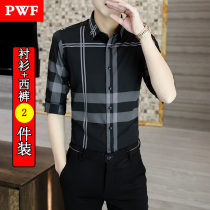 Summer mid-sleeve shirt male and Korean version swarm half sleeves striped blouse personality trendy uppie hairstylist Hairstylist Shirt jacket jacket