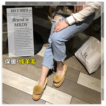 2021 autumn and winter New wool pregnant women shoes cotton shoes Korean flat non-slip leather hair one bean shoes women plus Velvet