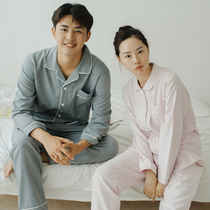 Couple pajamas long-sleeved ins pure cotton flannel solid color autumn and winter plaid suit women even fall asleep to show love