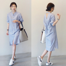 Shirt Dress Women 2021 Summer New Korean Stripe Design Skinny Small Medium Long Dress Children