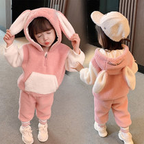 Girls' suit autumn winter suit 2022 new child sweater winter velvet children's thickened baby girl two sets