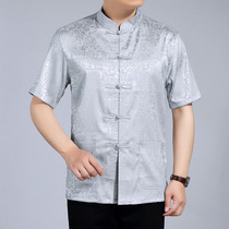 Chinese style dress handsome silk short-sleeved Tang dress top middle-aged mens summer plate buckle Chinese national clothing