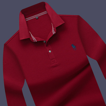 Red T-shirt mens long sleeve polo shirt cotton large size loose version shirt thin lapel neck young dad autumn clothes