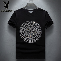 Playboy Mens Plus Size Hot Diamond Short Sleeve T-shirt Mens Europe and America Tide Brand Summer Round Neck Loose Half Sleeve base shirt