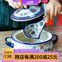 Double ear with lid soup bowl 2L European style creative Polish wind ceramic saucepan saucepan with large soup spoon cutlery suit