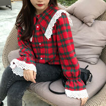 2020 spring new plaid v-neck horn long sleeve shirt women's waist slim shirt chiffon belly jacket