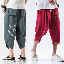 Summer linen shorts thin Harlan Capri pants men plus fat plus size loose Chinese style lantern 7-section pants tide