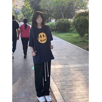 Black Sports Broadlegged Pants Woman High Waist Pituality Summer 2022 New Loose Straight Drum Casual Drawing Rope Swep Pants