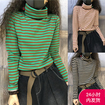 Xiaoyansen Womens 2021 Autumn High Neck Striped Bottom T-shirt Female Loose Size Korean Joker Long Sleeve Top