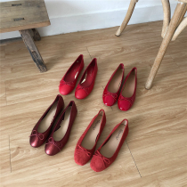 Korean wedding shoes Ballet small red shoes square head bow flat-bottomed lazy single shoes Patent leather suede glitter bridal shoes