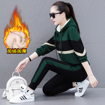 BBQ Brand Sports Suit Women Autumn Winter New Lian Hat Sleeve Head Splicing Thickened Warm Casual Weaters Two Sets