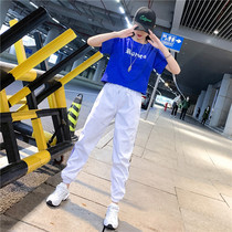 2021 Hip Hop Set Trash Dance Clothing New Summer Blue Clothes White Blue Pants Women Square Dance Sports