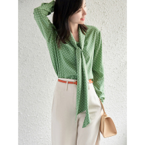 Youth filled with atmosphere streamers retro fashion green polka dot silk shirt early autumn mulberry silk shirt women