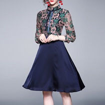 2020 autumn new fake two-piece dress womens medium-long lace stitching long-sleeved thin a-line skirt