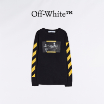 OFF-WHITE Mens Black Caravaggio Oil Painting Diagonal Striped Long Sleeve Round Collar T-shirt