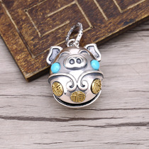 Silver pig pendant female sterling silver 925 Thai silver personality lucky mens necklace pendant vintage Zodiac Pig bell pendant