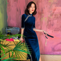 Golden Velvet Qipao Womens Autumn Winter Long Sleeve Erosion Bone Warlord Wife Upscale Long Style Elegant Improved Version China Wind