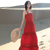 Seaside Holiday Suspenders long skirt super fairy red dress children Maldives Bali beach dress White