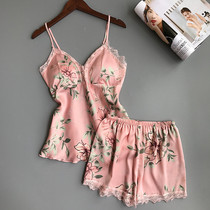 Japanese harnesses pyjamas two sets of thin pieces of ice silk printed Dew Back Sexy Harnesses shorts Home Suits Women Summer