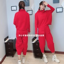 Hip-hop suit female 2022 spring new magenta high-necked personality top eight-point loose wide-leg harem pants two-piece set