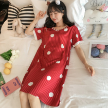Sleepwear Woman Summer Short Sleeve Ice Silk Pregnant Woman Loose Sleeping Skirt Summer Thin medium The Korean version of the Korean version genuine silk Lady Gühmerga