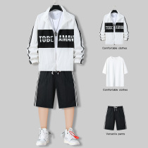 Summer coat mens thin ice silk sunscreen clothes Teen mens handsome student ruffian handsome suit a set of collocation