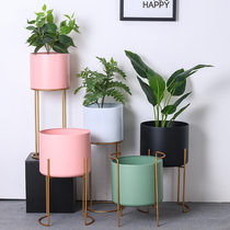 MimiHome Nordic flower pot creative ornaments Iron frame Simple living room decoration Green plant pot wooden floor flower frame