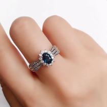 (Cheng Cheng Fan Exclusive) Fashion popular 925 silver plated white gold inlaid with natural Shandong Sapphire Female Ring