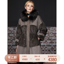 U N Q Whole skin mink hair silver fox fur collar hooded loose long sheep fur one fur fur coat women