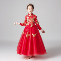 Chinese style childrens dress Princess dress Girls thickened long sleeve Chinese style red little flower girl performance suit Western style winter