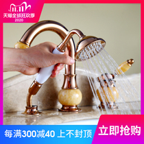 All copper European antique pull-out faucet Hot and cold three-hole washbasin Basin faucet Hair shower set