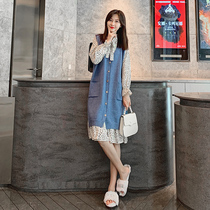 Pregnant women autumn fashion suit Medium-long knitted vest vest polka dot dress early autumn two-piece set tide mom
