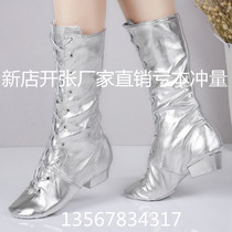  Gold and silver high-top extended dance shoes boots jazz boots riding boots high-barrel bright leather childrens performance stage shoes Mongolian boots
