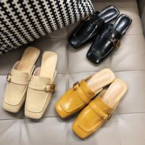 2021 summer new retro baotou half slippers womens real leather square head flat outdoor wear cool drag fashion Muller shoes