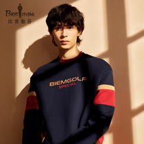 (Light comfort cotton) Bishnus Leuven spring new fashion casual contrast round neck pull-over hoodless sweatshirt men