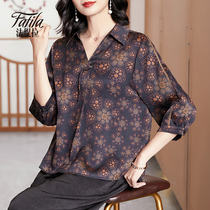 Middle-aged and elderly mothers Xiangyun yarn silk shirt womens mid-sleeved autumn clothing new printed mulberry silk top loose large size