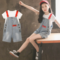 Online Red Ultra Fire Fashion Casual Children Suit 2021 New Girl Han Version Foreign Air T-Shirt Back Belt Pants Two Sets