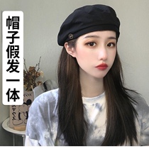 Hat wig integrated long straight black beret Joker Net red retro painter hat long hair full head cover