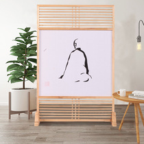 New Chinese style screen Japanese Zen solid wood screen partition Living room small apartment hollow hand-painted fabric entrance partition