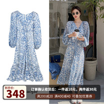  Dahua Yuan spring and summer waist V-neck white retro French temperament long skirt floral Chiffon slim-fitting dress female